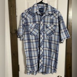 Vintage Wrangler‎ XL Western Pearl Snap Shirt Cotton Plaid Blue